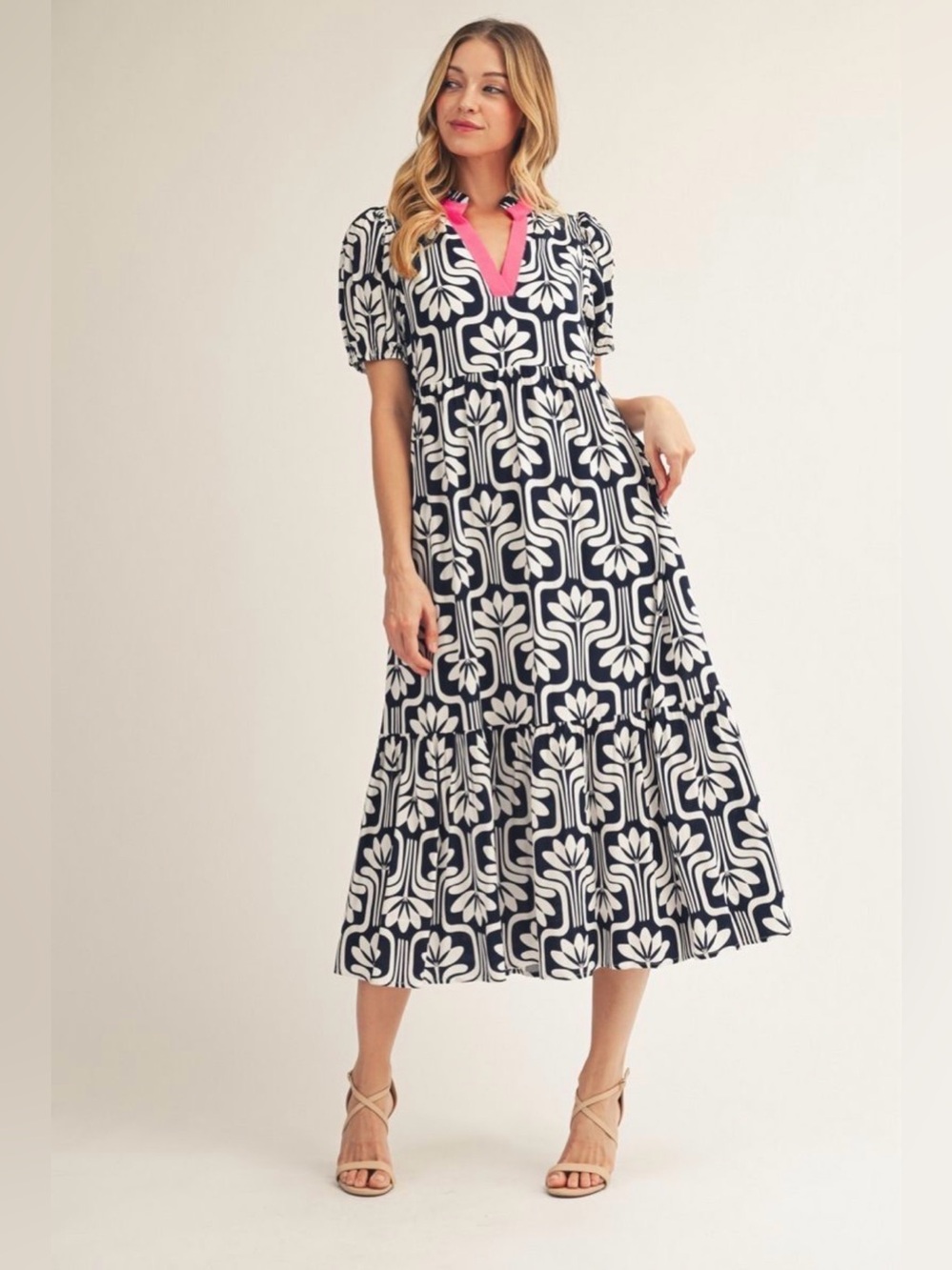 Jodifl Navy & White Floral Print Midi Dress with Pink Trim